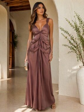 Vera Wang 100% Silk Dusty Rose Draped Evening Gown Maxi Dress